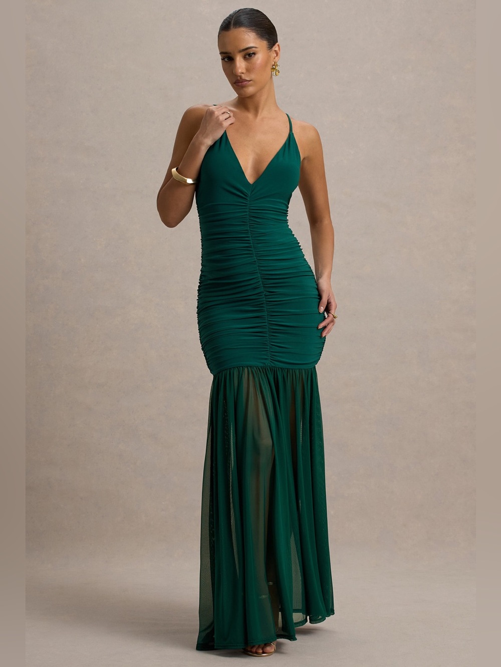 PASQUALINA Bottle Green Ruched Plunge-Neck Maxi Dress